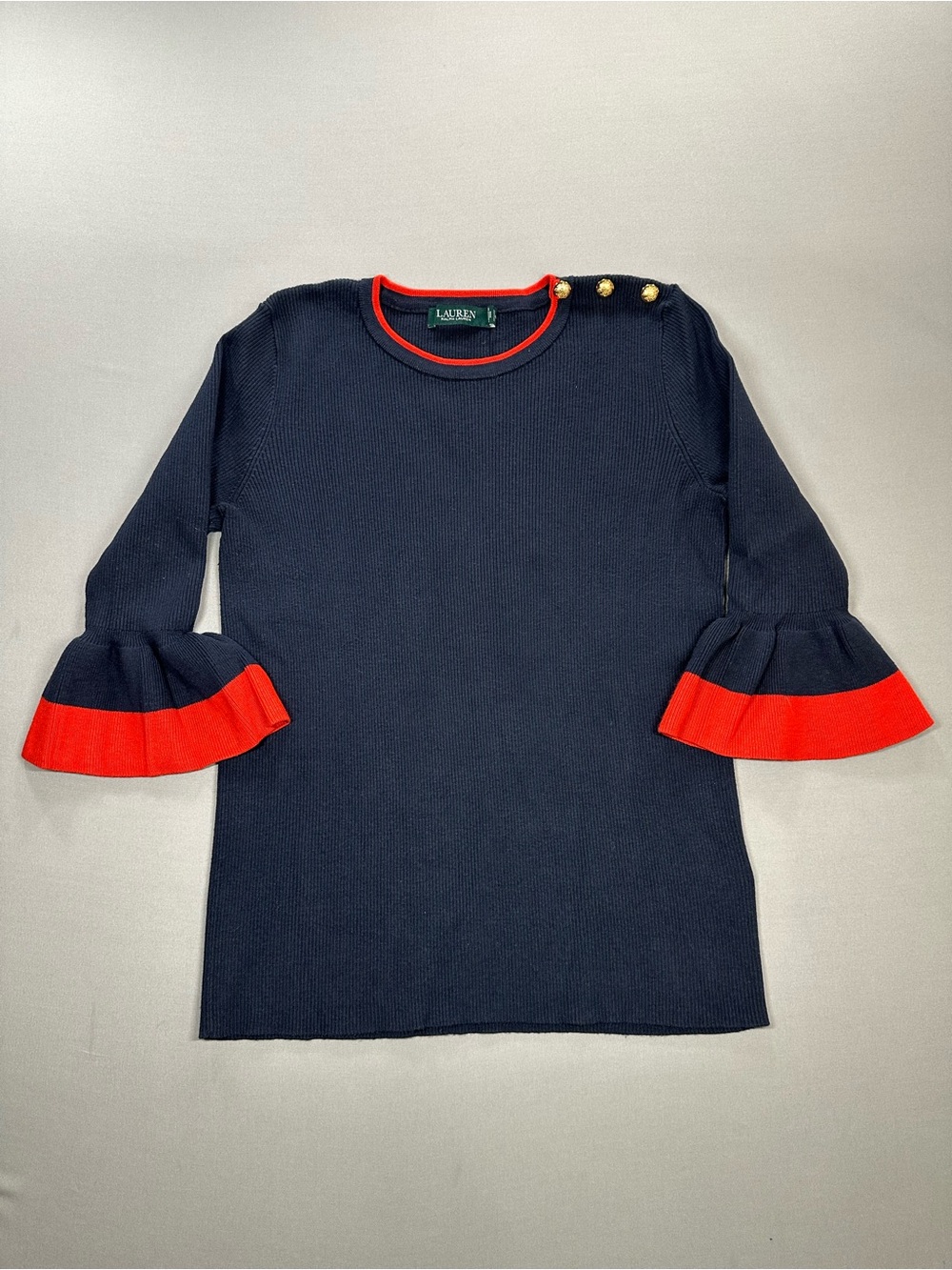 Lauren Ralph Lauren Ribbed Sweater Top, 3/4 Bell Cuff Sleeves - Fits Women Small